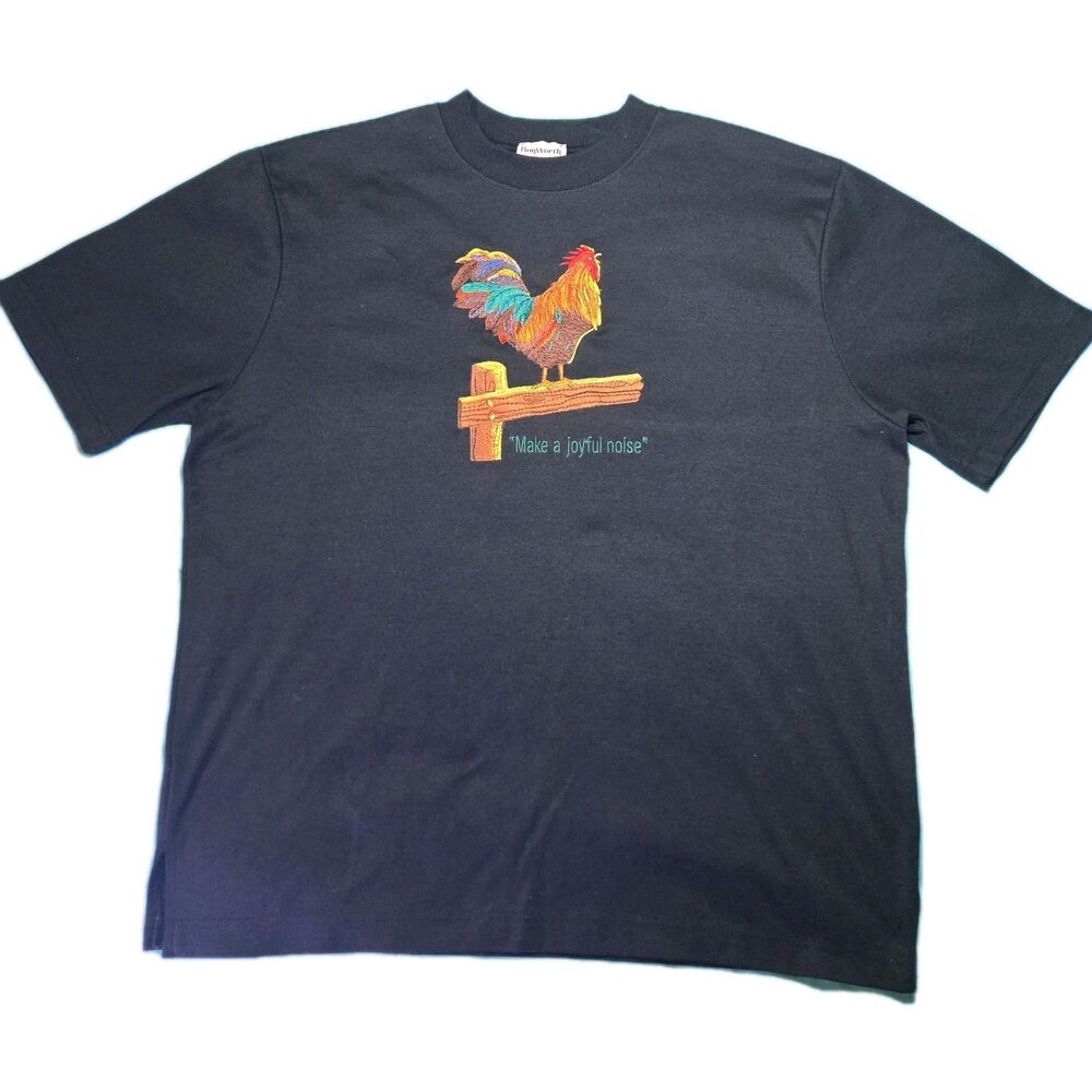 BonWorth Rooster Embroidered T-Shirt Make a Joyful Noise Black Tee Size M